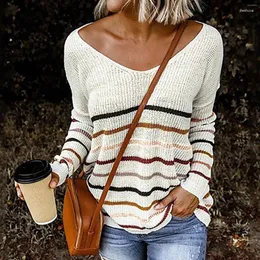 Women's Sweaters Women's Autumn And Winter V Neck Knitted Colorblock Stripe Lightweight Comfortable Striped Retro Casual Jumpers