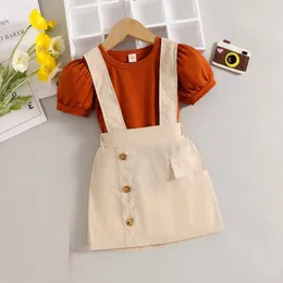 의류 세트 소녀의 새싹 슬리브 코튼 서스펜더 스커트 2 피스 세트 여자를위한 세련된 우아함 roupa infantil para meninas