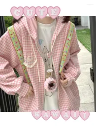 여자 재킷 Qweek 일본 y2k 귀여운 핑크 재킷 여자하라 주쿠 kawaii 격자 무늬 zip up homes overize lolita girly korean hooded