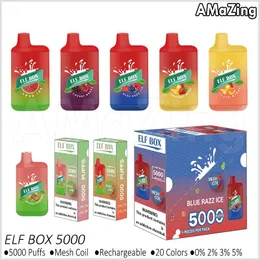 Elf Box 5000 soffi monouso Vape Pen Kit ricaricabile Mesh Coil E sigarette Vaporizzatori 12ml Pod Carts 0% 2% 3% 5% 20 colori