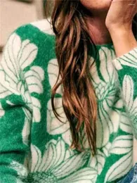 Suéteres femininos verde grande camisola floral mulheres lã e mohair misturas o-pescoço manga longa senhoras jumper 2023 início da primavera