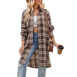 Blouses pour femmes 2023 automne hiver femmes chemises femme décontracté revers Plaid à manches longues chemise dames manteaux de mode