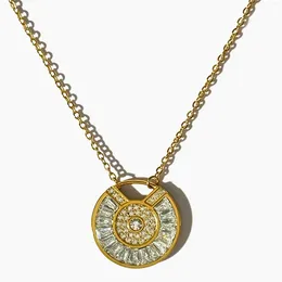 Pendant Necklaces Peri'sbox Stainless Steel 18K Gold Pvd Plated Pave Baguette Cz Zircon Round Coin Necklace For Women Luxury Jewelry Gifts