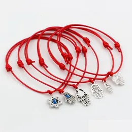 Charms 50pcs 혼합 된 Kabh Hamsa David의 핸드 스타 레드 컬러 왁스 로프 조절 가능한 팔찌 보석 보석 보석 연구 구성 요소 dhwol