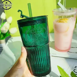 머그잔 우유 컵 녹색 대신 대신 뚜껑과 밀짚 투명 거품 티 커피 드라마웨어 디저트 231023