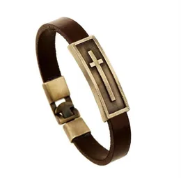 Kaimin Classic Christ Cross Men Women Leather Armband Simple Brown Steel Button Neutral Accessories Handvävda smycken gåvor Char252i