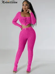 Womens Two Piece Pants Kricesseen Sexy Knitted Pieces Pant Set Women Long Sleeve LaceUp Top And Pencil Suits Party Clubwear Outfits 231024