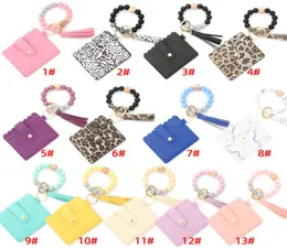 Silicone Bead Bracelet Favor Leopard Card Bag Wood Beaded PU Leather Tassel Keychain Portable Ladies Wallet with Snap Party Suppli1180536