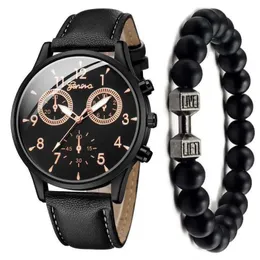 Orologi da polso Luxury Business Fashion Orologio al quarzo da uomo Cinturino in pelle Nero Set di due pezzi Orologi da polso per uomo Puntatore non impermeabile 231025