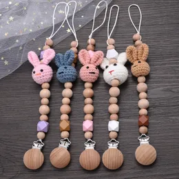 حاملي مصاصة مقاطع# Baby Beech Handmade Teether Chain Cartoon Rabbit Wood Clips Nipple Clip Beading Chew Toys 231025