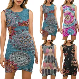 Casual Dresses Suofun ärmellos dünner O-Ausschnitt 2023 Mode Damen Sexy Strandparty Unregelmäßiger Saum Geometrischer Druck Sommer