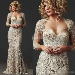 Champagne Lace Mother of Bride Dresses Jacket Long Sleeves Beaded 2023 Plus Size Custom Made Mermaid Sweetheart Neckline Evening Party Gowns