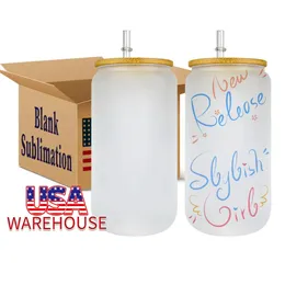 الولايات المتحدة CA Stock 16oz Sublimation Glass Mugs يمكن أن تشكل tumplers clear الفراغات المتجمدة بامبو غطاء الجرار زجاجات للطباعة DIY 0304