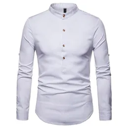 Rolled Up Sleeve Shirt Men 2021 Autumn Stand Collar Mens Dress Shirts Chemise Homme Henry Tops Camiseta Men's Casual217u