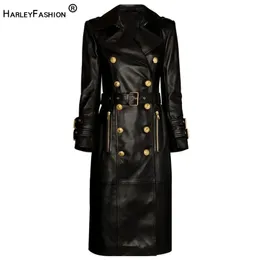Women s Fur Faux Winter Luxury Design Double Breasted Black PU Leather Long Coats for Ladies Quality Street Women Trench with Belt 231025
