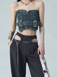 Kvinnors tankar Kvinnors retro denim oregelbundna beskurna topp kvinnor 2023 Summer modedesigner streetwear y2k jeans zip-up stropplös tank