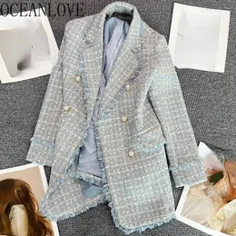 Womens Suits Blazers OCEANLOVE Double Breasted Blazer Women Spring Autumn Plaid Tweed Jackets Korean Fashion Vintage Elegant Mujer Outear 231025