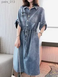 Temel gündelik elbiseler zarif vintage elbise kadınlar bahar yaz denim katı resmi kadın moda mavi dönüş yakalı kıyafetler gevşek yq231025