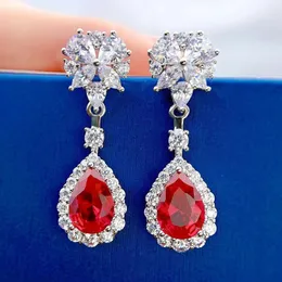 Charm Flower Ruby Diamond Dangle Earring 100% Real 925 Sterling Silver Wedding Drop Earrings For Women Bridal Promise SMYELLT