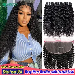 Synthetic Wigs Virgo 30 Inch Deep Wave Human Hair Bundles With Closure 13X6 Hd Transparent Lace Frontal Curly Brazilian Remy 231025