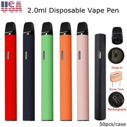 USA Stock 2.0 ml engångsvape Pen E -cigaretter 350mAh Uppladdningsbart batteri Tomt förångare Pennor Barnskyddad enhet POD 50 st/fall D11