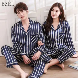 Bzel conjuntos de pijamas de cetim de seda casais pijamas listrados femme manga longa pijamas amantes roupas casuais casa wear2818