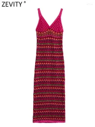 Sıradan Elbiseler Zevity Kadın Moda V Boyun Renk Eşleştirme Tığ Örgüsü Sling Midi Elbise Kadın Şık Kolsuz Yelek Vestidos 4626