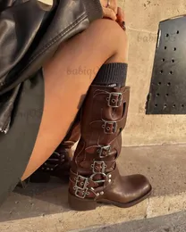 Buty rybetrini kolano wysokie rycerze buty dla kobiet walczące z cowgirls metalowa klamra wystrój vintage retro botki kwadratowe buty modowe T231025