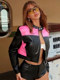 Damesjassen Damesmode Straat Bikercore Roze Tweekleurige Zip-up PU-leer Moto-jas Vrouwelijke bikerjas Korte uitloper 231025