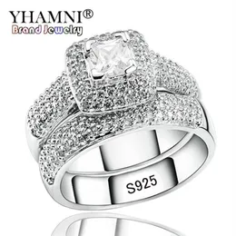 Yhamni conjunto de anéis duplos de noivado de luxo original real 925 prata sólida branco cz zircão conjunto de anel de casamento joias finas r149249j