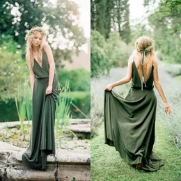 Bohemian Style Country Bridesmaid Dresses 2023 Spring New Spaghetti Low Cut Back Olive Green Chiffon Maid Of Honor Wedding Dresses Cheap