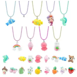 Little Girl Jewelry Beaded Necklace Ring Cartoon Animal Owl Dinosaur Butterfly Pendants Best Friend Friendship Party Favors Dress up ZZ