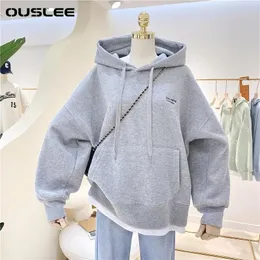 Frauen Hoodies Sweatshirts OUSLEE Frauen Herbst Winter Warm Dicken Spleißen Gefälschte Zwei Stück Koreanische Einfache Tasche Top Lose Pullover Hoodie 231024