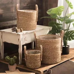 Planters Pots Natural Wicker Planter Basket Flower Pot Home Garden Decor Tvätten Hink Butt Dirty Clothes Storage Baskets Toy Holders Fu 231025