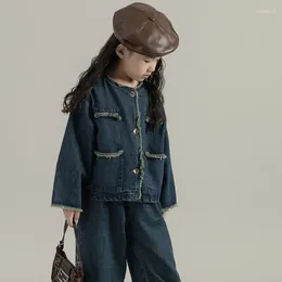 Kleidung Sets Koreanischen Stil Frühling Herbst Kind Mädchen Lange Ärmel Denim Jacke Breite Bein Einfarbig Hosen Kinder Cowboy