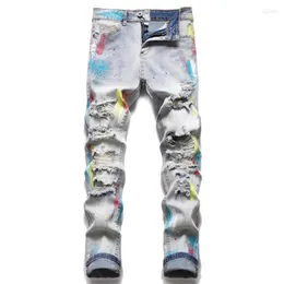 Mäns jeans Splash-Brush Paint Rainbow Ripped Trim Soft Cotton Stretch Season Light Blue Cat Whisker Label High Street FA252O