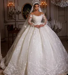 2024 Luxury Lace Dubai Abiti da sposa Maniche lunghe Paillettes Perline Sheer Neck Appliques Glitter Tulle Abiti da sposa Vestido de Noiva