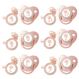 Other Baby Feeding Rose Gold Crown Name Initials Pacifier Bling Luxury Personalized Pacifiers Chain Clips Set born Silicone Nipple Teethers 231025