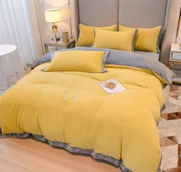 Lemon Yellow Thicken Coral Fleece Bedding Four-Piece Bed Set Besigner Sängkläder Set Luxurious Shaker Flanell Bed Sheets Kontakta oss för att se bilder med logotyp