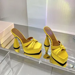 daccori ss Шелковые тапочки на высоком каблуке на платформе Босоножки на массивном каблуке дизайнерские сандалии Модные туфли для вечеринок высотой 13 см с коробкой 35-42