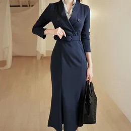 Casual Dresses Office Ladies V-neck Double Breasted Blazer Trumpet Dress Belted Women Business Slim Mermaid2781