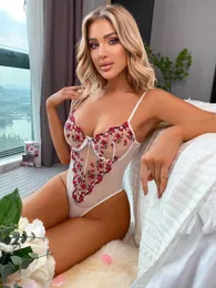 مثير بيجاماس التطريز زهرة انظر من خلال bodysuit babydoll مثير الملابس الداخلية