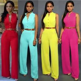 Vrouwen Jumpsuits Rompertjes 2021 V-hals Gordel Wijde Pijpen Vrouwen Sexy Mouwloze Hoge Taille Effen Jumpsuit Sjerpen Casual Long247l