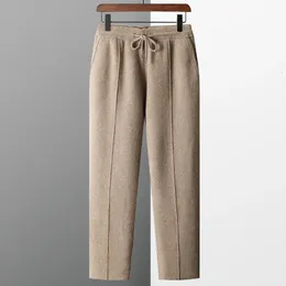 Mensbyxor 100% Pure Wool Autumn Winter Thicked Sticked Long Slim Montering Solid Color Warm Flat Corner 231025