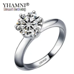 Yhamni Stamped 18krgp Białe złote pierścienie dla kobiet 8 mm 2 karat 6 Claws Cubic Zirconia Prezent zaręczynowy Pierściołki R168284R