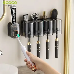 Toothbrush Holders ECOCO Wall Mounted Toothbrush Holder Punch-free Automatic Toothpaste Squeezer Bath Organizer Storage Rack Bathroom Accessories 231025