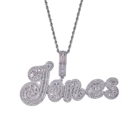 Custom Baguette CZ Cursive Letter Name Pendant Iced Out Cubic Zirconia Personalized Chain Necklace Hiphop Letters Jewelry