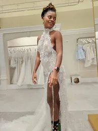 Sparkly Beaded Mermaid Wedding Dresses For Black Girls Illusion Halter Neck Crystal Beading Ruffles Train Brud Gowns Vestidos de Novia