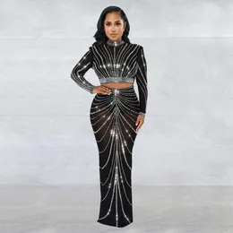 Uzun Kollu Mesh Maxi Bodycon Elegant Party Party Rhinestone için Doğum Günü Elbisesi Seksi Kulüp İki Parça Setleri Kadın Outifits