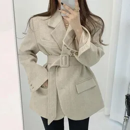 Abiti da donna Stile coreano chic Autunno e inverno Retro Risvolto di fascia alta Vita con lacci Abito dimagrante a spina di pesce Cappotto corto di lana Top per